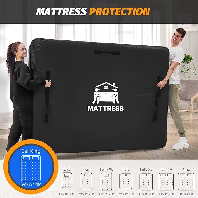 Mattress Bags for Moving, BETU Mattress Protector Waterproof Mattress Cover Storage Bags with 8 Heavy-Duty Handles and Zipper for Bed Extra Thick Large Reusable,86"x75"x15",Black
