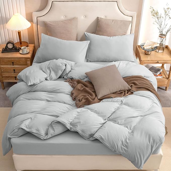 PURE ERA Jersey Knit Duvet Cover Set 100% T-Shirt Cotton Super Soft Comfy 3pc Bedding Set with Zipper Closure (Solid Light Grey, King, 104'' x 90'')