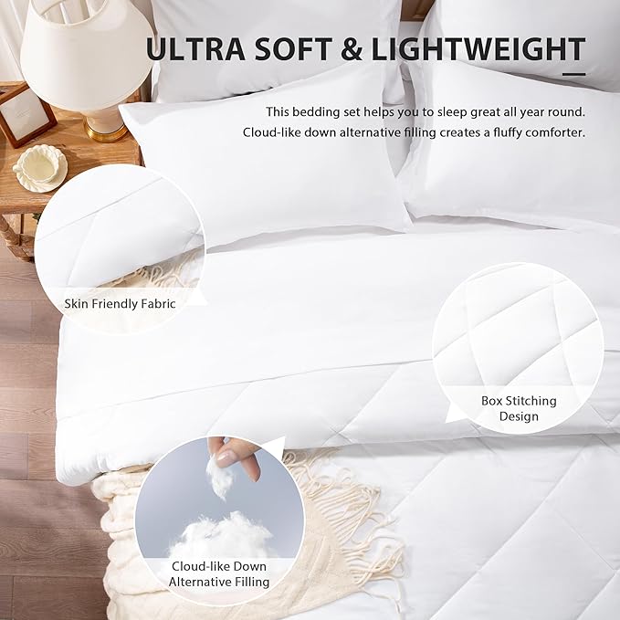 Love's cabin Full Comforter Set White, 7 Pieces Full Bed in a Bag, All Season Bedding Sets with 1 Comforter, 1 Flat Sheet, 1 Fitted Sheet, 2 Pillowcase and 2 Pillow Sham | Soft, Breathable, Lightweight, Comfortable