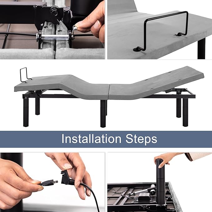 Fromann Adjustable Electric Twin XL Bed Base Frame with Massage, USB Type-C Ports, Zero Gravity, Under Bed Led Lighting and Three Leg Height (with Synchronization Connector) (Grey)