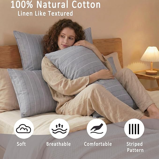 Merryword Gray Striped Pillowcases, 100% Cotton Pillow Cases, Queen Size Pillowcases, Luxury Linen Like Pillowcase, Soft Breathable Pinstripe Pillow Covers, Set of 2