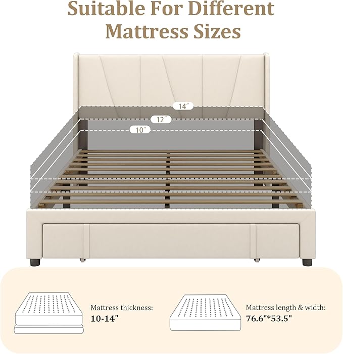 Full Bed Frame with Storage Drawers, Velvet Upholstered Platform Bed with 47" Tall Headboard and Wingboard, No Box Spring Needed, Noise Free, Easy Assembly, Wooden Support Slats, Beige