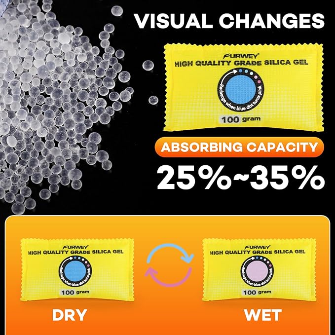 FURWEY 100g (6 Packs) Rechargeable Desiccant Packs for Storage, Color Indicating Silica Gel Desiccant Packets, Moisture absorbers for storage,Dehumidifier bag for Closets,Cars,Storage Bins