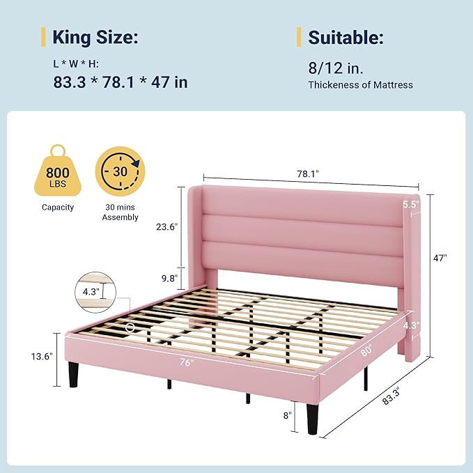 Allewie King Size Platform Bed Frame with Velvet Upholstered Wingback Headboard, No Box Spring Needed, Under Bed Storage Space, Strong Wooden Slats, Modern Mattress Foundation, Easy Assembly, Pink