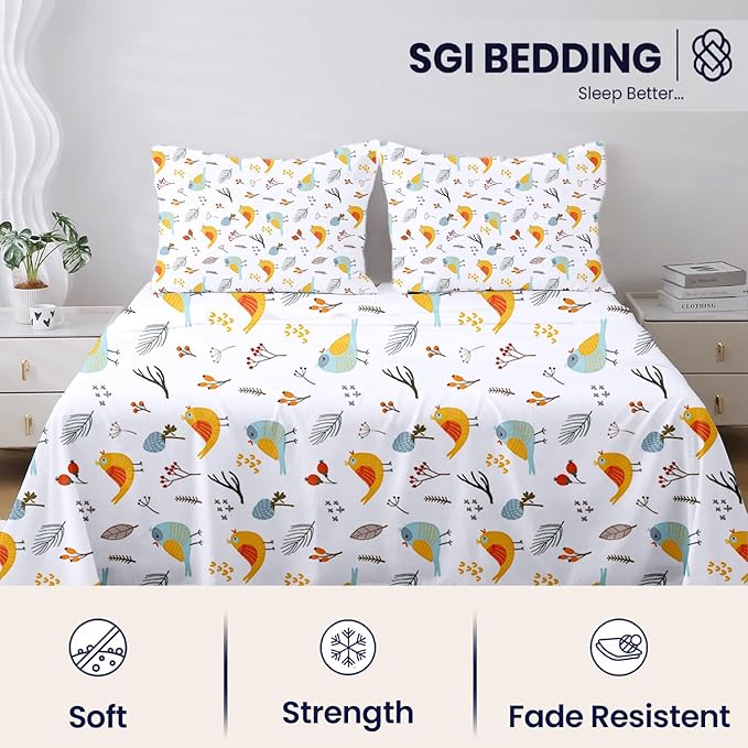 SGI bedding 100% Egyptian Cotton Sheets RV King Size – 600 Thread Count Sheets Set, Soft, Cooling, 15" Deep Pocket, Luxury Hotel Bedding, Breathable, Durable -Spring Bird