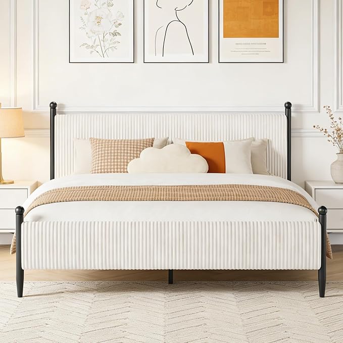 Garvee King Size Upholstered Bed Frame - with Velvet Headboard, Soft Corduroy Fabric Platform with Wooden Slats Support & Heavy Duty Feet, No Box Spring Needed, Noise Free, Easy Assembly, White
