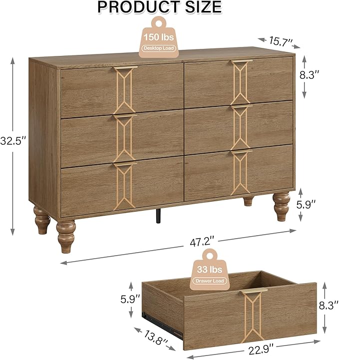 IDEALHOUSE Modern Wooden 6 Drawer Dresser with Vintage Pattern Design, Chest Dresser with Deep Drawers for Bedroom, Living Room and Entryway, Oak and Gold