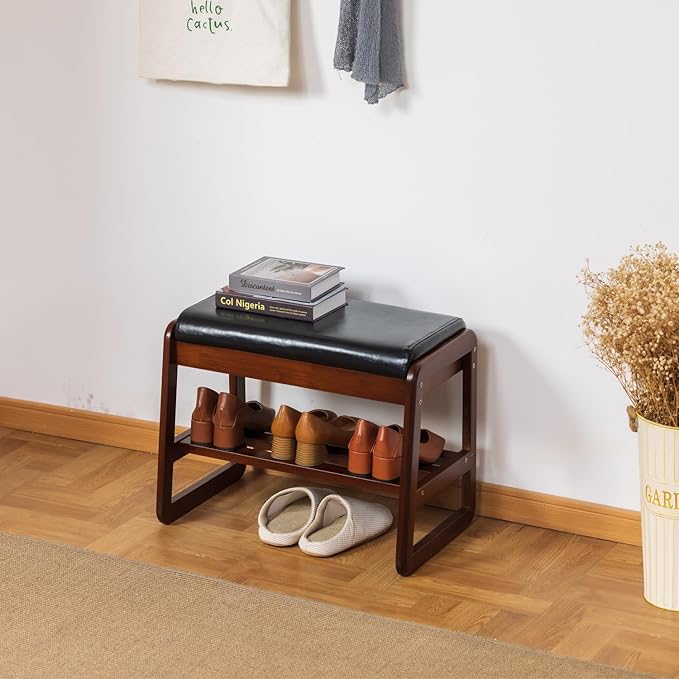 SOBIBO Shoe Bench with Storage - 2-Tier Entryway Bench, Solid Wood Shoe Rack with Cushion & Flip-Open Box, Mid-Century Modern for Hallway, Mudroom, Bedroom (Black, 21.65")