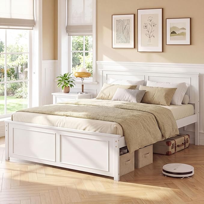 Giantex Wood Full Size Bed Frame with Headboard, Farmhouse Solid Platform Bed w/Wooden Slat Support Mattress Foundation, Under-Bed Storage, No Box Spring Needed, White