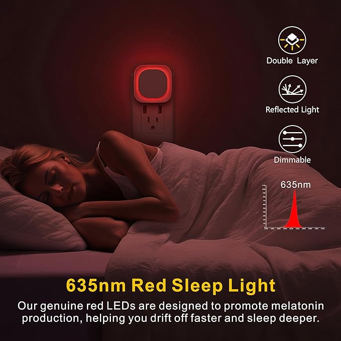 YUNLEX 2 Pack Red Night Light with Dusk to Dawn Sensor, Eye-Care Reflected Glow, 0% Blue Light True Red LED, 3-Level Brightness, Auto On/Off, Plug-in Nightlight for Sleep, Kids, Bedroom, Bathroom