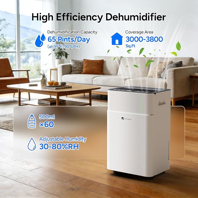 DR.PREPARE 3000-3800 Sq.Ft Dehumidifier for Home with Drain Hose, Smart APP Control, 65 Pints/Day Dehumidifier for Basement, Bedroom, Bathroom, Garage, Large Room, Dry Clothes, 3 Modes, 24H Timer