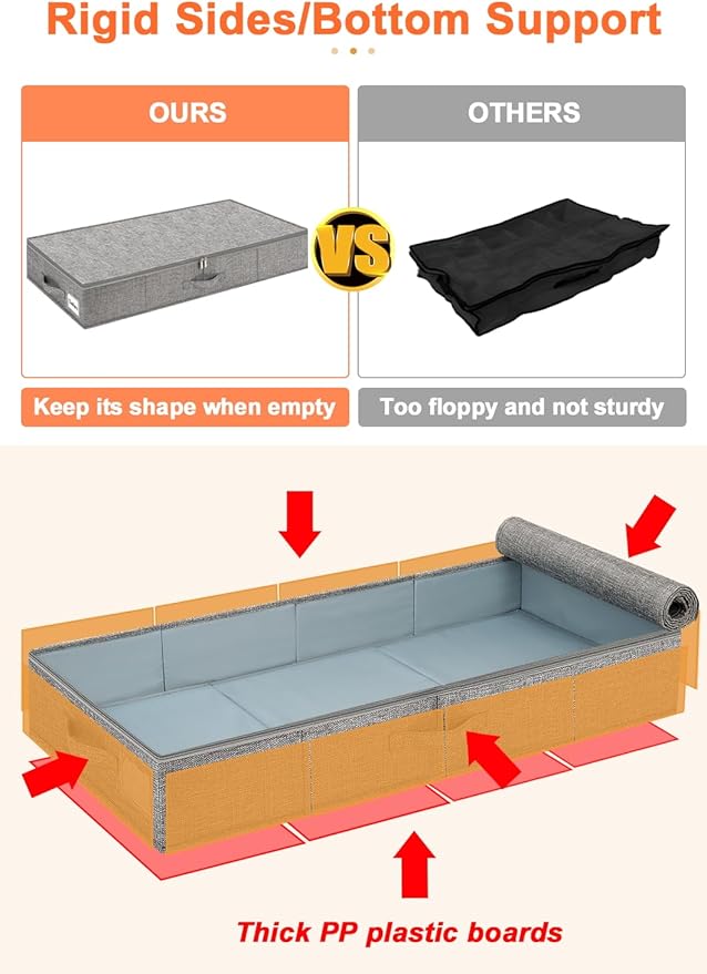 punemi 5 inches High Low Profile Under Bed Storage, Underbed Storage Containers With Sturdy Sidewalls & Bottom, Slim Under Couch Sofa Storage, Shallow Clothes Storage Bins, 2Pack, Grey