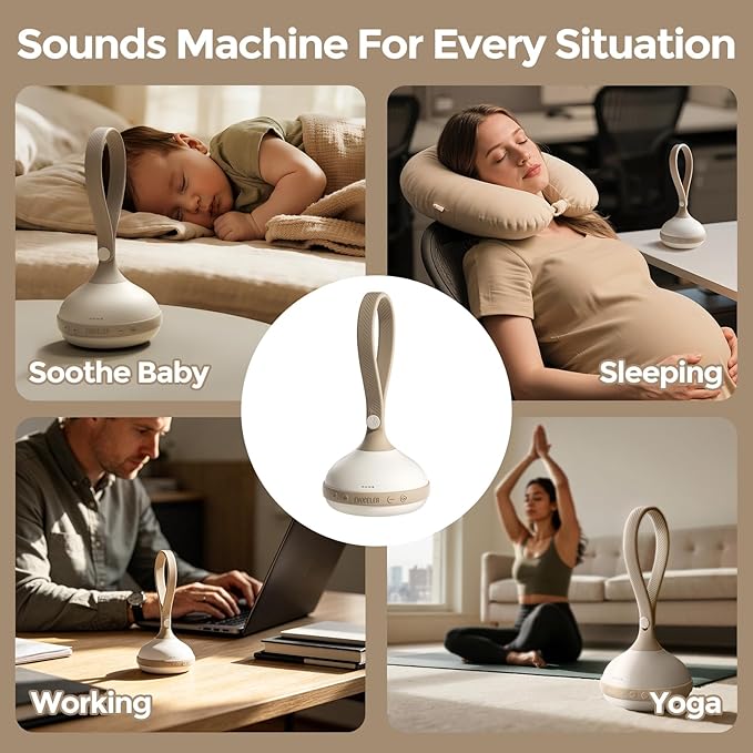 EVOCELER Portable White Noise Sound Machine for Baby Adult with 9 Soothing Sound Memory Function, 64h Powerful Battery for Home Travel Office, Toddler Lock, Reinforced Clip, Baby Registry Gift White