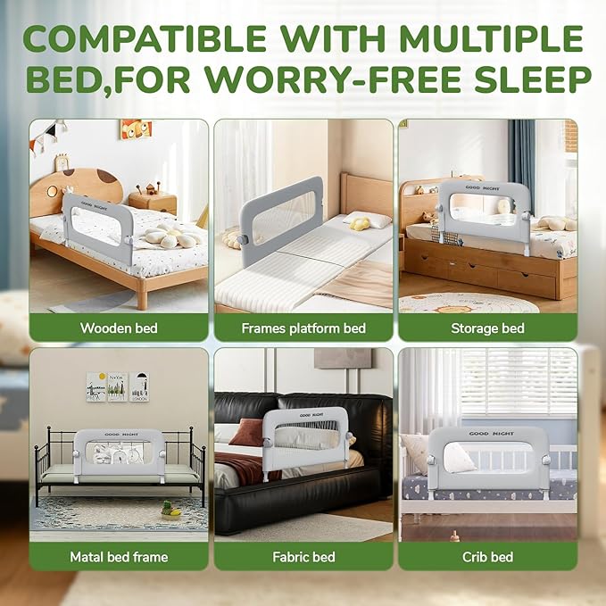Bed Guard Rail for Toddlers - 47" Adjustable Heights & Folding up Portable Bed Railing for Baby - Toddler Bed Rails Guard for Crib, Twin, Bunk,Full Size, Queen & King Bed(Grey)