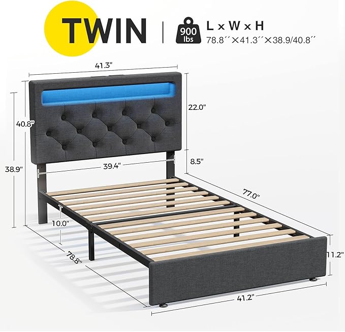 Rolanstar Twin Bed Frame with Charging Station, LED Bed with Under Bed Storage, Adjustable Headboard 38.9/40.8 Inches, No Box Spring Needed, Noise Free, Easy Assembly, Grey