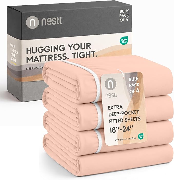 Nestl 4 Pack Blush Pink Fitted Sheet Extra Deep Pocket, Hotel Luxury TwinFitted Sheet Only Easily Fits 18 to 24 Inch Mattress, Super Soft, Wrinkle-Free and Breathable with Corner Straps