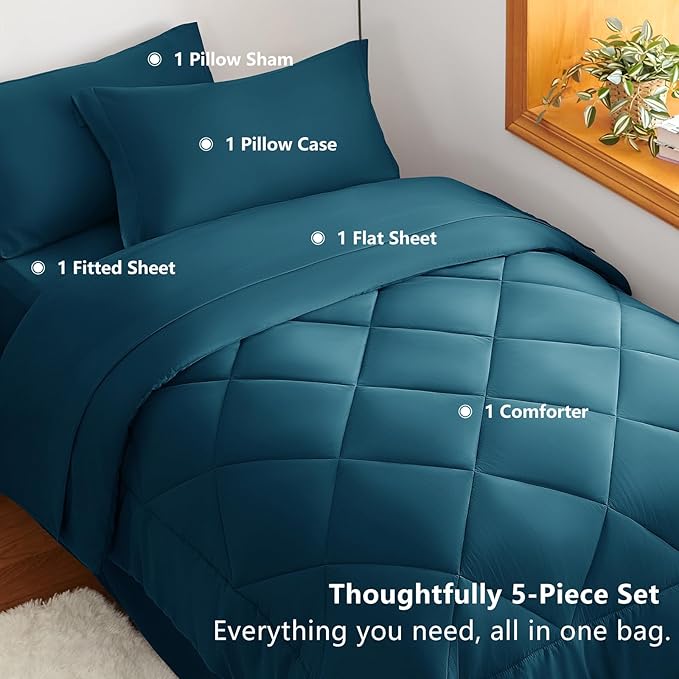 CozyLux Twin XL Comforter Set Lyons Blue - 5 Pieces Twin Extra Long Bed in a Bag for College Dorm, All Season Bedding Set for Girls and Boys, Soft Bed Set with Comforter, Sheets, Pillowcase & Sham