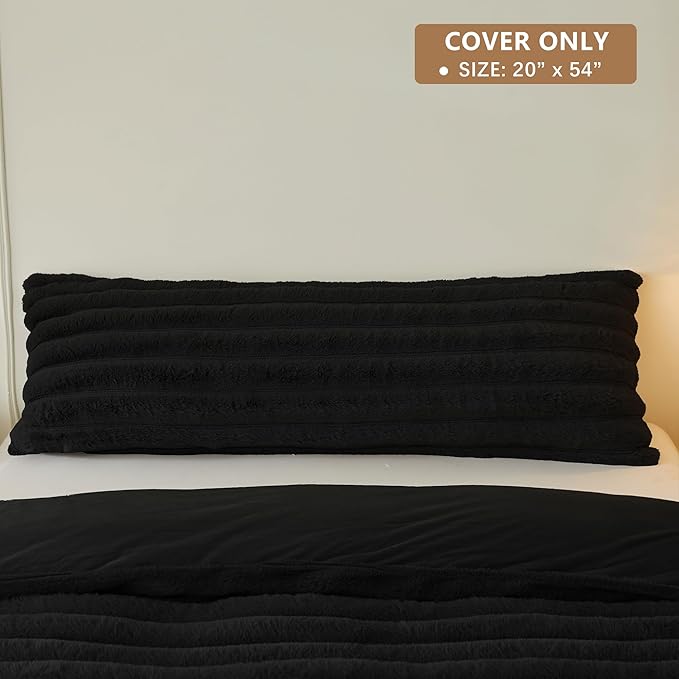 MEGO Soft Faux Rabbit Fur Body Pillow Cover 20"x54", Cozy Plush Fuzzy Striped Bed Pillowcase with Zipper, Shaggy Furry Ribbed Long Bolster Pillow Cover Decorative for Bed Couch Sofa Bedroom, Black
