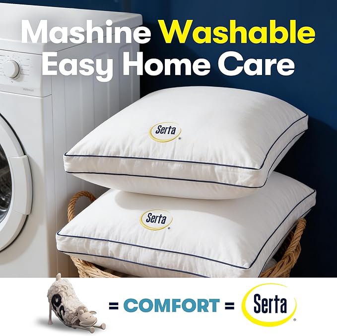 Serta Hotel Collection Bed Pillows King Size Set of 2, 400 Thread Count 100% Cotton Cover, Medium Support Gusseted Down Alternative Pillow for Back, Stomach or Side Sleepers, 18" x 34", White
