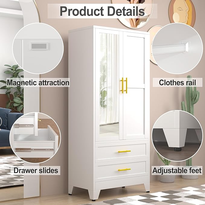RIETERN Metal Armoire Wardrobe Closet, 71" Tall Bedroom Closet with Mirror, 2 Drawers, Adjustable Shelves, and Hanging Rod, Steel Clothes Closets and Storage, for Bedroom White
