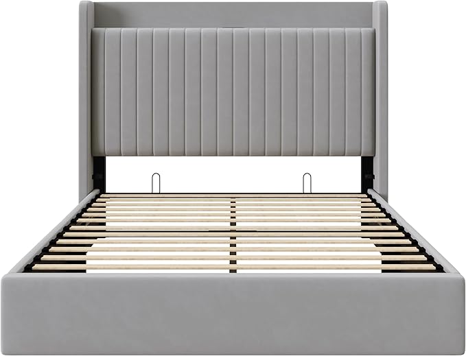 Allewie Full Size Lift Up Storage Bed Frame,Storage Shelf Headboard with Charging Station,Type-C and USB Ports,Hydraulic Support,Velvet Upholstered Bed Frame,No Box Spring Needed,Grey