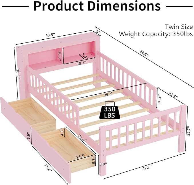 Bellemave Twin Bed Frames with Rails for Kids, Twin Bed Frame with Storage Drawers and Headboard Storage Rack for Kids，Pink