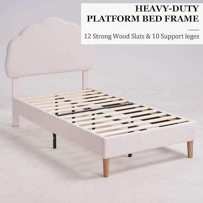 VECELO Twin Size Bed Frame, Upholstered Platform Bedframe with Height Adjustable Plush Fabric Headboard, No Box Spring Needed, Beige