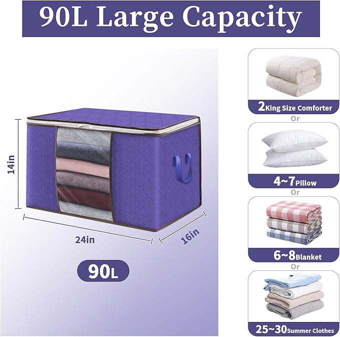 90L Clothes Blanket Storage Bags, 6 Pack Under Bed Storage Bins with Lids, Foldable Closet Organizer with Reinforced Handles for Clothing, Blanket, Comforters, Bed Sheets, Pillows and Toys, Darkblue
