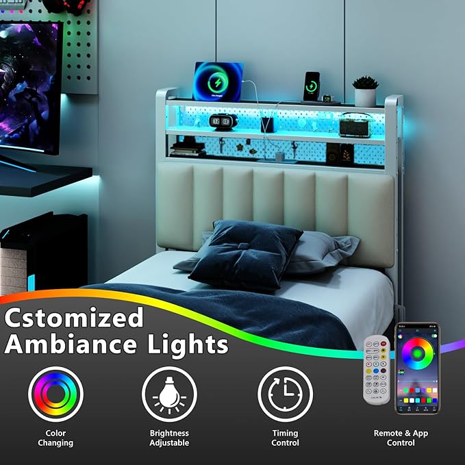 VINGLI Twin/XL LED Headboard with Storage Shelves & Charging Station, Upholstered Metal Head Board with RGB Lights, USB Ports and Power Outlet for Kids Room, Small Bedroom, Dorm and College Bedroom