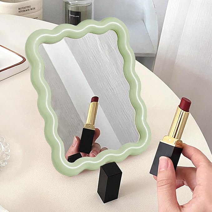Wave Shaped Table Desk Vanity Makeup Mirror Portable Folding Cute Travel Make Up Mirror for Standing Hanging 6.7X5.3 Inch Home Decoration (Green)