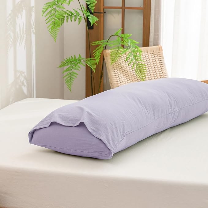 BESTOUCH 100% Washed Cotton Pillowcase for Hair and Skin Linen Feel Soft Comfortable Breathable 1 Pcs Pillow Case with Envelope Closure Solid Taro Purple Body 20x54 Inches