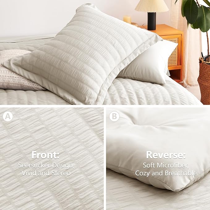 CozyLux Twin Comforter Set with Sheets 5 Pieces, Beige Seersucker Textured Bed in a Bag for Bedroom, Luxury Soft Bedding Sets with Down Alternative Comforter, Sheets, Pillowcase & Sham for All Seasons