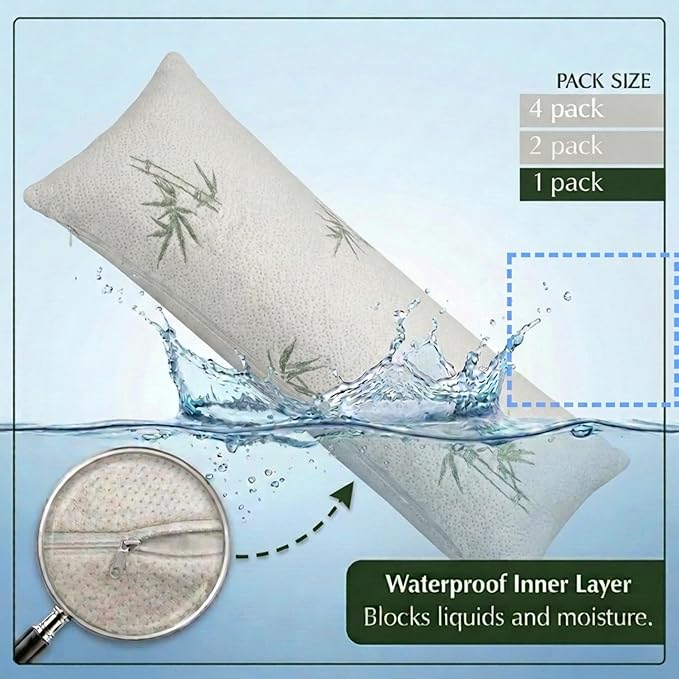 Four Seasons Essentials Body Size Waterproof Pillow Protector (Set of 1) - Natural Viscose derived from Bamboo Pillow Covers - Hypoallergenic Dust Proof Zippered Encasements for 20" x 54" Pillows