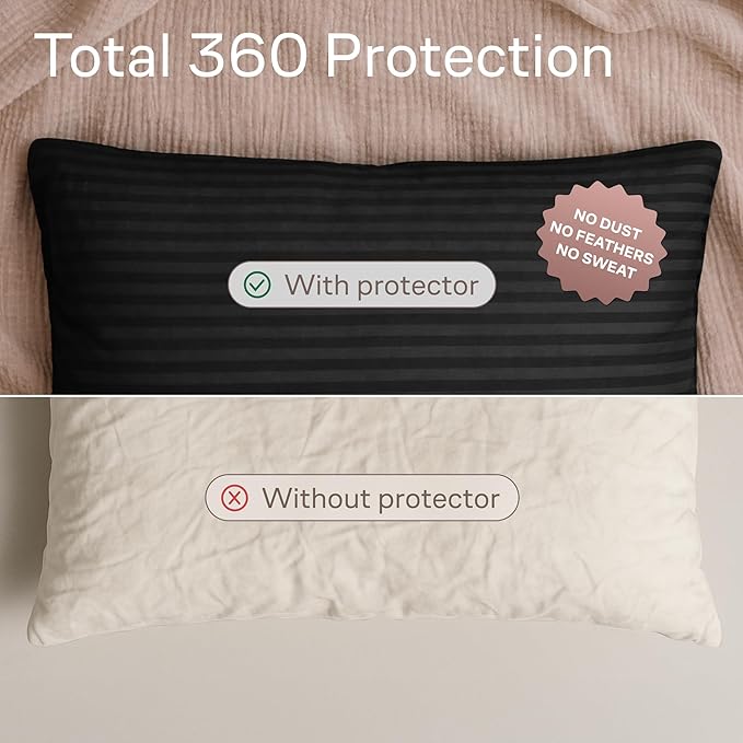 Ultra Soft Pillow Protectors with Zipper Standard Size - Set of 4 Breathable Pillow Covers - 100% Protection Against Stains, Dust & Dirt - Machine Washable (Striped Black)
