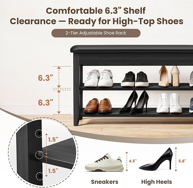 LBT Solid Wood Entryway Shoe Storage Bench, 31.5" Black, Adjustable Shelf, Flip-Top Hidden Compartment, Padded Leather Seat, 2-Tier Shoe Rack, Supports up to 550 lbs for Entryway, Mudroom, Closet