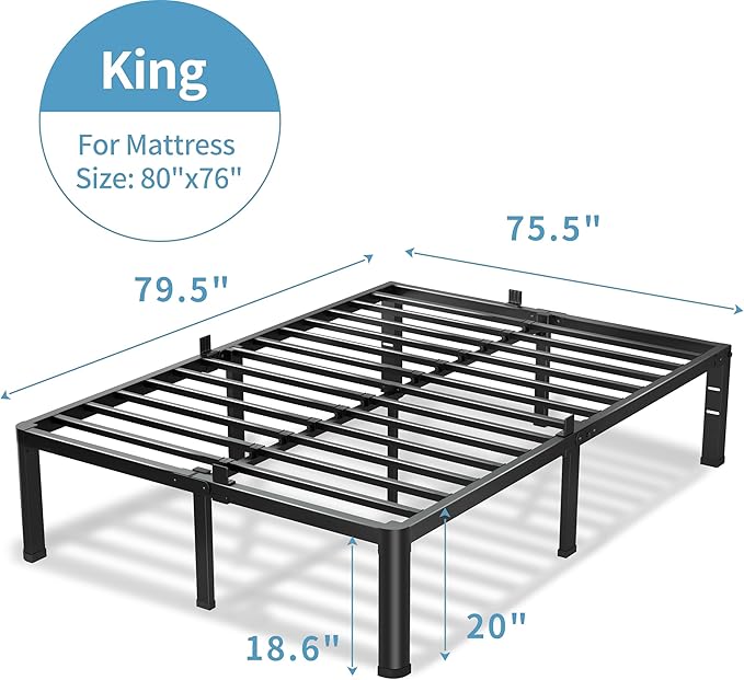VIPSHOW 20 Inch King Size Bed Frame, 3500Lbs Heavy Duty Metal Platform with Round Corner Legs Mattress Slide Stopper, Steel Slat Support No Box Spring Needed, Noise Free, Non-Slip, Easy Assembly