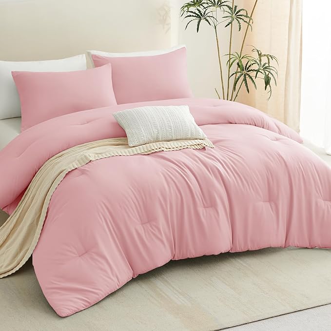CozyLux Queen Comforter Set Pink, 3 Pieces Solid Comforters Queen Size Breathable Quilted Bedding Sets, Luxury Soft Lightweight Bed Set with Down Alternative Comforter and 2 Pillowcases All Seasons