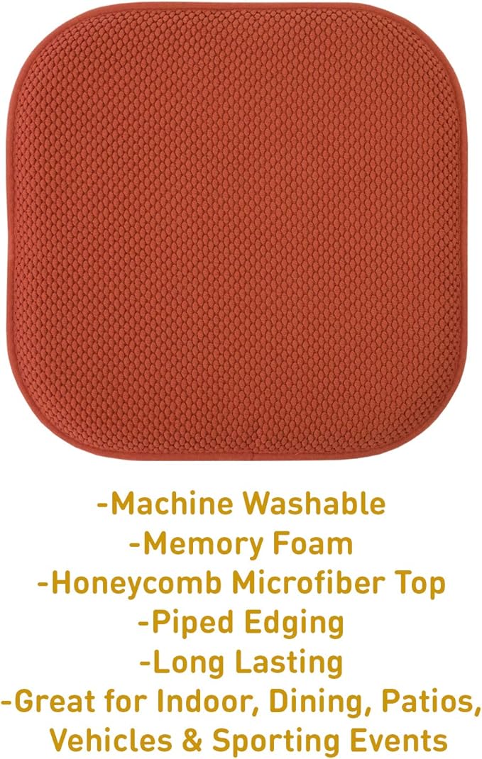 Sweet Home Collection Chair Cushion Memory Foam Pads Honeycomb Pattern Slip Non Skid Rubber Back Rounded Square 16" x 16" Seat Cover, 2 Pack, Rust