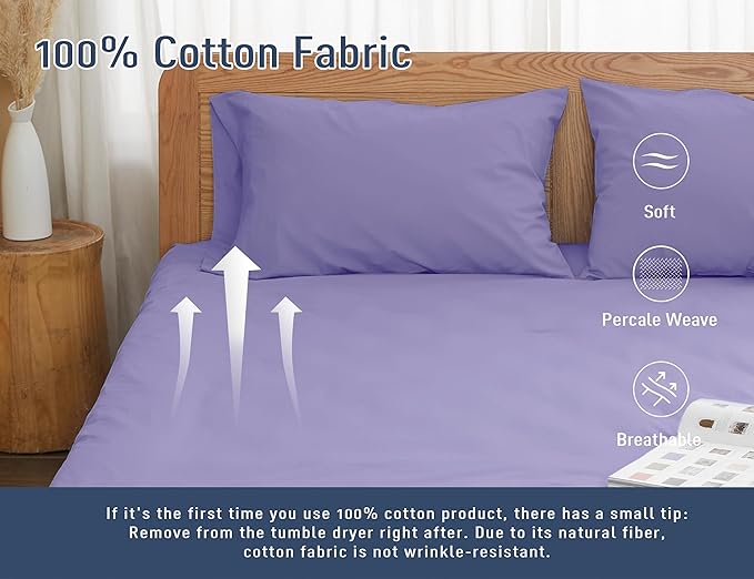 Pillow Cases, King Size Cotton Percale Weave Pillowcases, Pre-Shrunk Breathable and Hypoallergenic Pillowcases, Set of 2 (2 Piece King 20 Inch x 40 Inch, Purple)