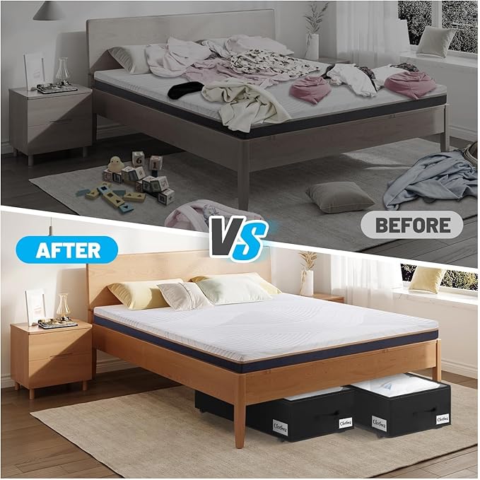 Under Bed Storage with Wheels, 2-Pack 10" Height XXL 60L Rolling Storage Bins, Quick Assembly Underbed Shoe Storage Containers with Clear Lid & Label, Dorm Under Bed Drawers for Clothes, Shoes, Black