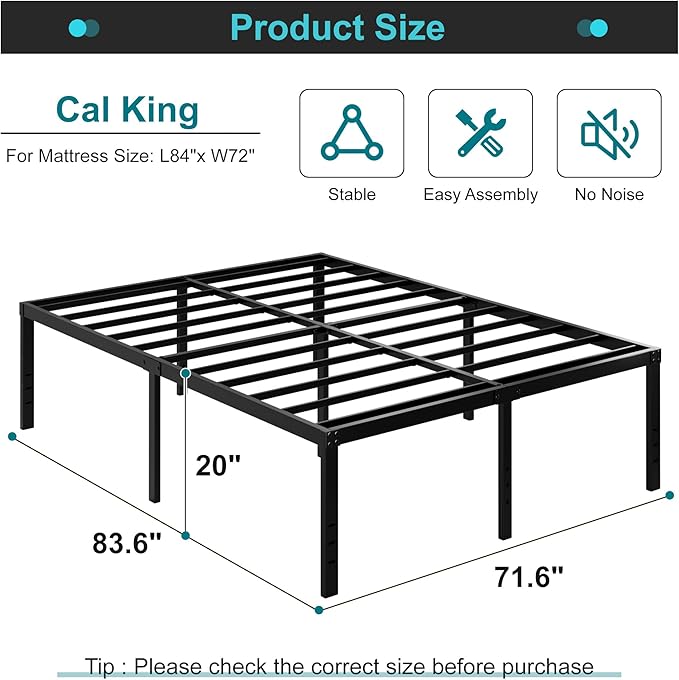 Maenizi California King Bed Frames, 20 Inch Heavy Duty Metal Platform Support Up to 3000 lbs with Steel Slat, No Box Spring Needed, Easy Assembly, Noise Free, Black
