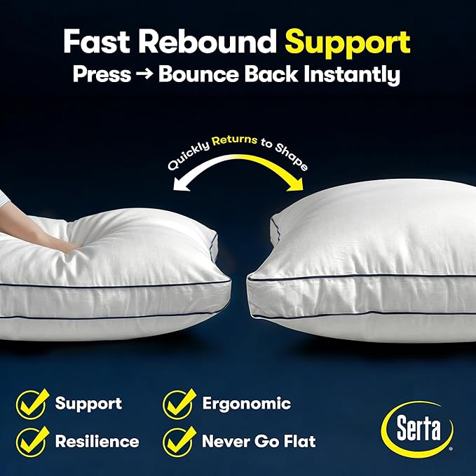 Serta Hotel Collection Bed Pillows King Size Set of 2, 400 Thread Count 100% Cotton Cover, Medium Support Gusseted Down Alternative Pillow for Back, Stomach or Side Sleepers, 18" x 34", White