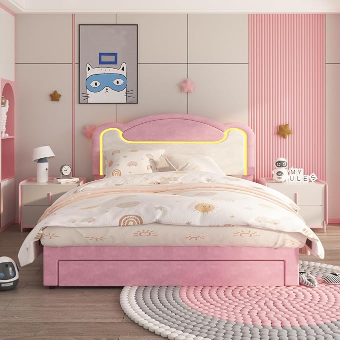 Garvee Full Size Upholstered Bed Frame with LED Lights & Storage Drawers, Fabric Headboard & Wood Slats, No Box Spring Needed, Princess Bed for Girls (Pink White)