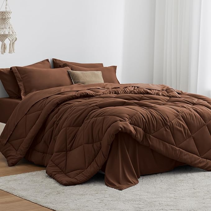 Love's cabin Twin XL Comforter Set Brown, 5 Pieces Twin XL Bed in a Bag, All Season Bedding Sets with 1 Comforter, 1 Flat Sheet, 1 Fitted Sheet, 1 Pillowcase and 1 Pillow Sham | Soft, Breathable, Lightweight, Comfortable