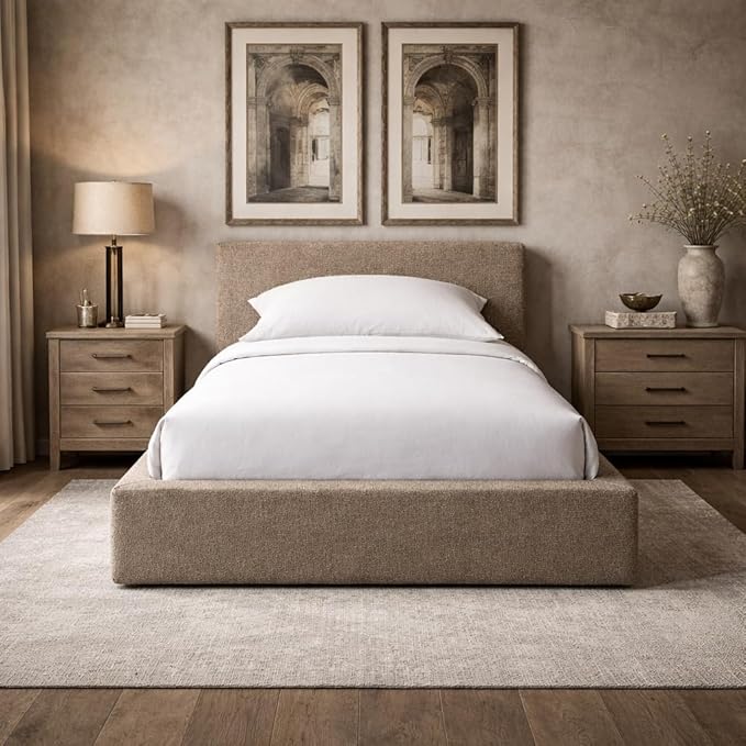 Square Bed – Washable Cover - Soft Upholstered Linen - Minimalist Modern - Sold Separately (Taupe Boucle, Twin Base)