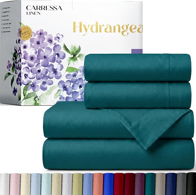 Carressa Linen 100% Egyptian Cotton Full Size Sheets - 600 Series Hydrangeas Collection Full Size Egyptian Cotton Sheets (4 PC, Teal), 16" Deep Pocket Sateen Weave Luxury Hotel Bed Sheet Set