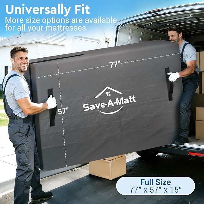 SaveAMatt Mattress Bags for Moving and Storage, Mattress Protector Cover with 4 Heavy-Duty Handles & Strong Zipper, Extra Thick Reusable Mattress Moving Supplies, Full Size, Gray