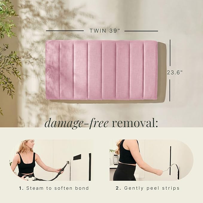 Hearth & Harbor Upholstered Twin Headboard - Easy Assemble Channel Stitched Headboard Twin Size - Wall Mounted Headboards with 3D Soundproof Wall Panels Peel & Stick Floating Headboards, Pink