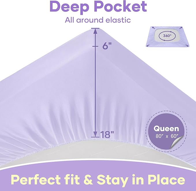 OhGeni 100% Waterproof Mattress Protector, Queen Size Purple, Fitted Sheet with Deep Pockets, 6''-18'', Premium Noiseless Breathable Soft Material, Mattresses Cover for Bed