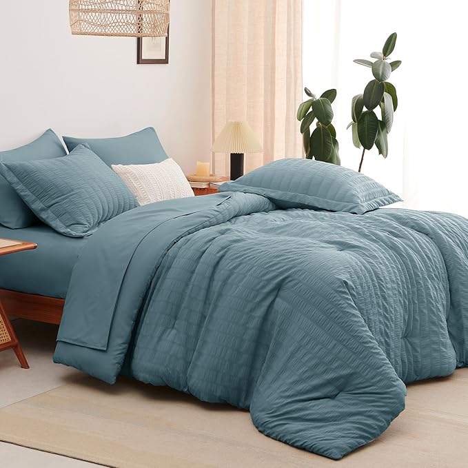 CozyLux Twin XL Comforter Set with Sheets Seersucker Mineral Blue 5 Pieces Bed in a Bag, Twin Extra Long Luxury Bedding Sets for College Dorm with Down Alternative Comforter, Sheets, Pillowcase & Sham